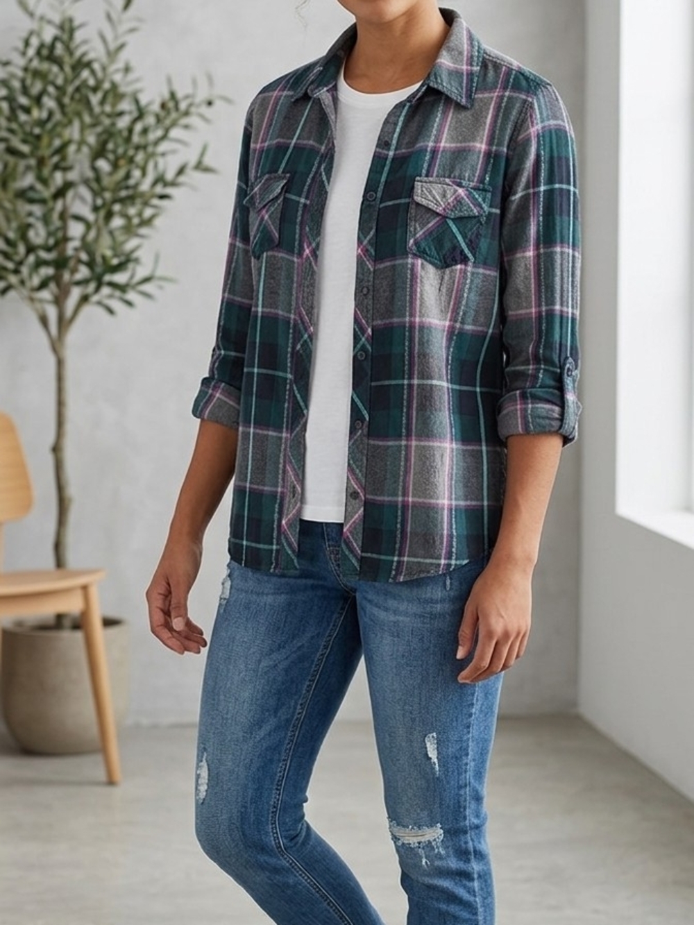 Arizona Jean Company Plaid Shirt in Teal, Gray and Pink